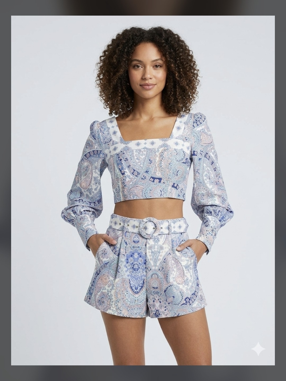 Blue Paisley Two-Piece Crop Top & Belted Shorts Set